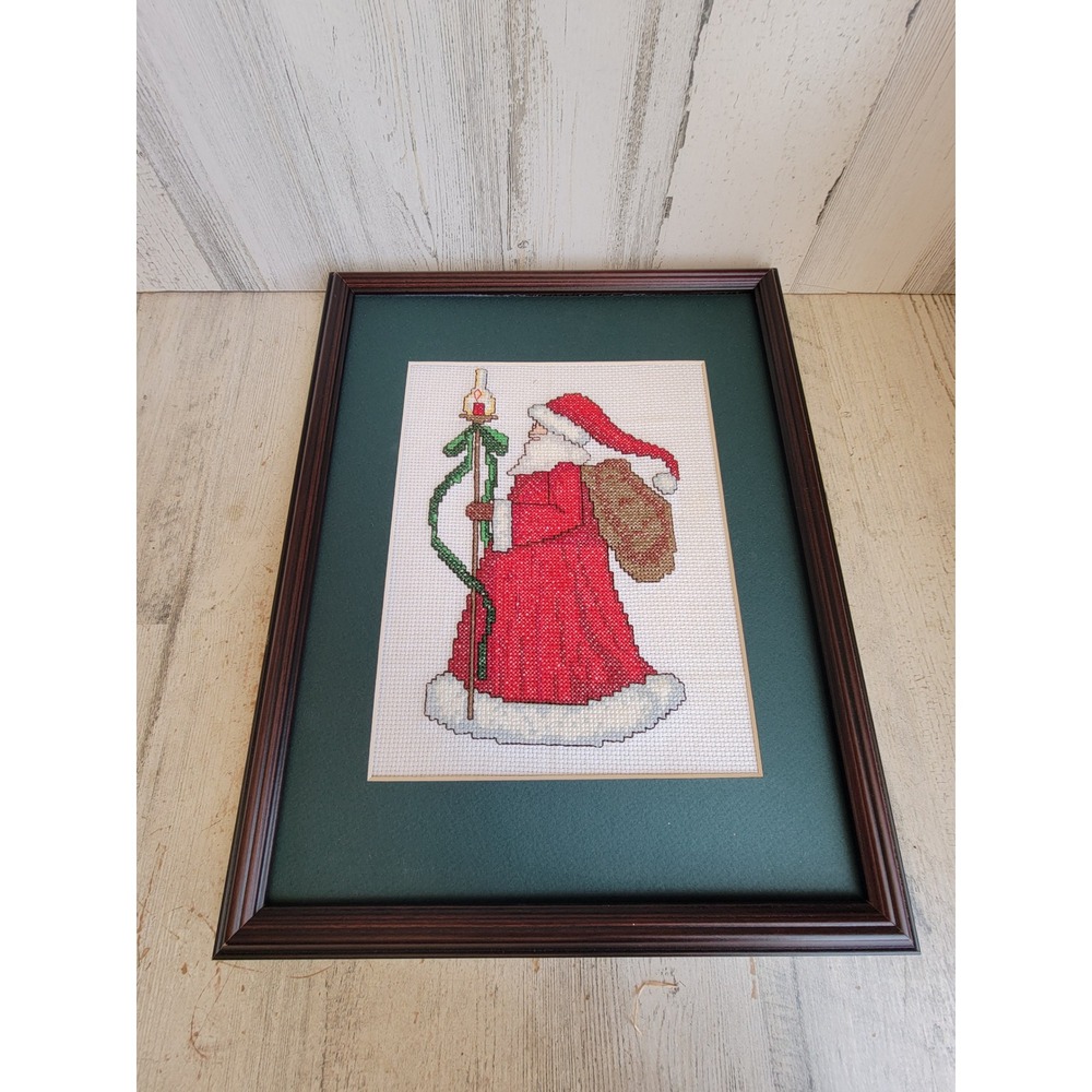 Santa Claus cross stitch frame hanging Xmas home decor candle
